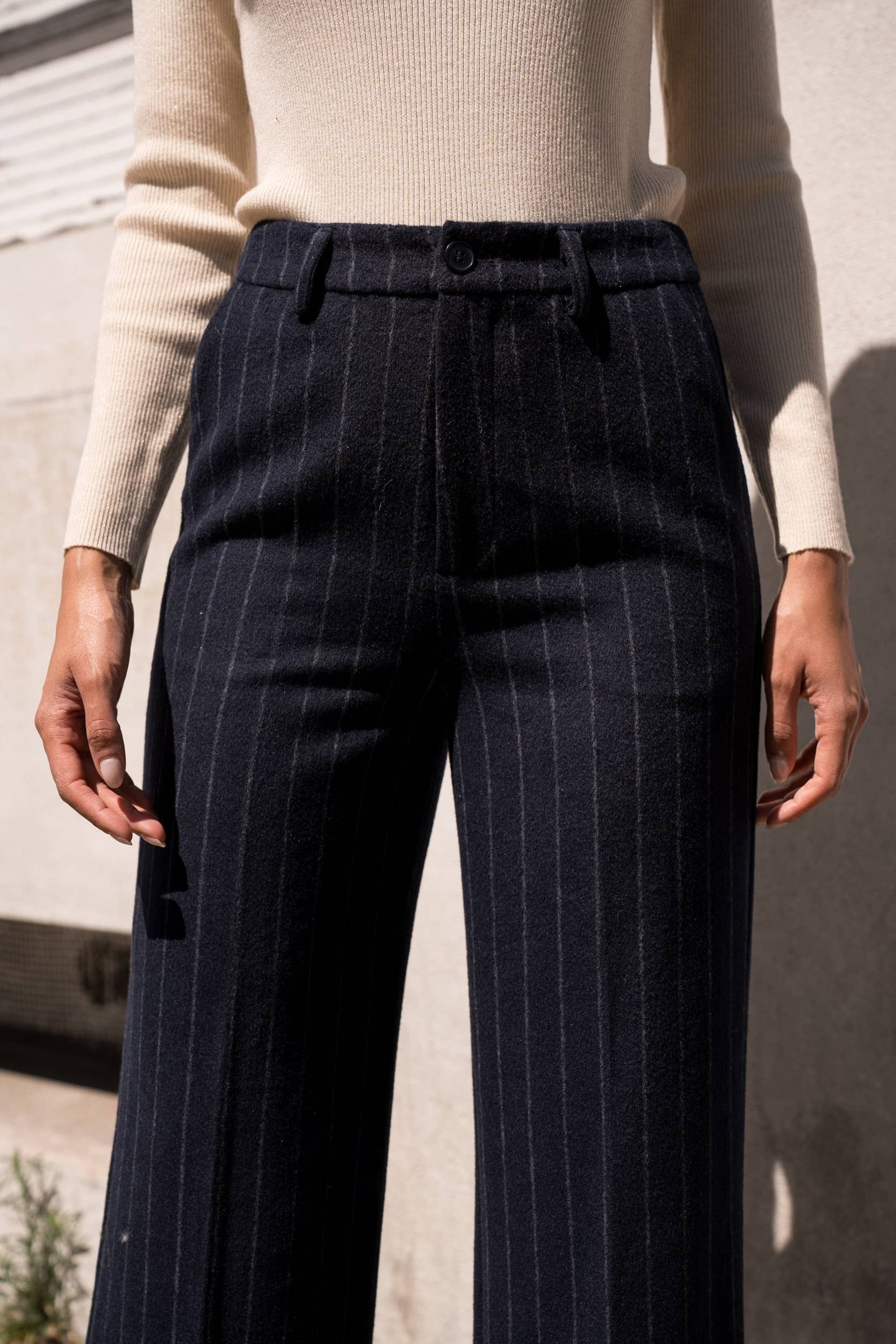 Pinstripe wool-blend trousers