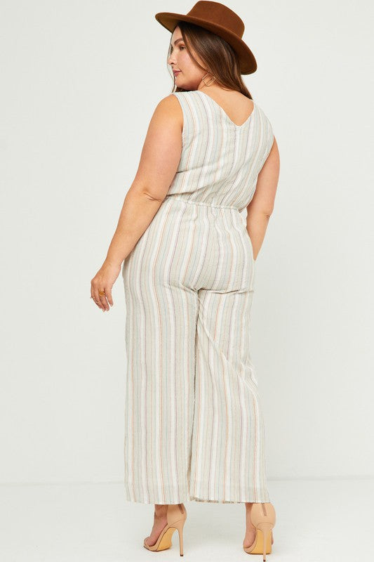 V-neck Cotton Pinstripe Jumpsuit - Ms.Meri Mak