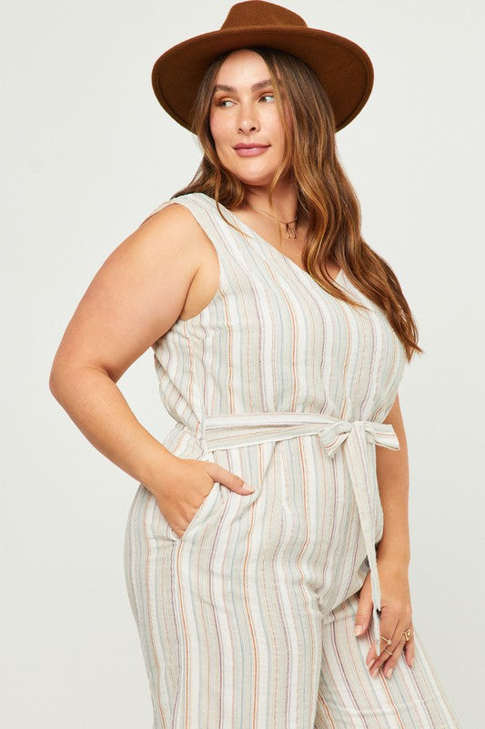 V-neck Cotton Pinstripe Jumpsuit - Ms.Meri Mak