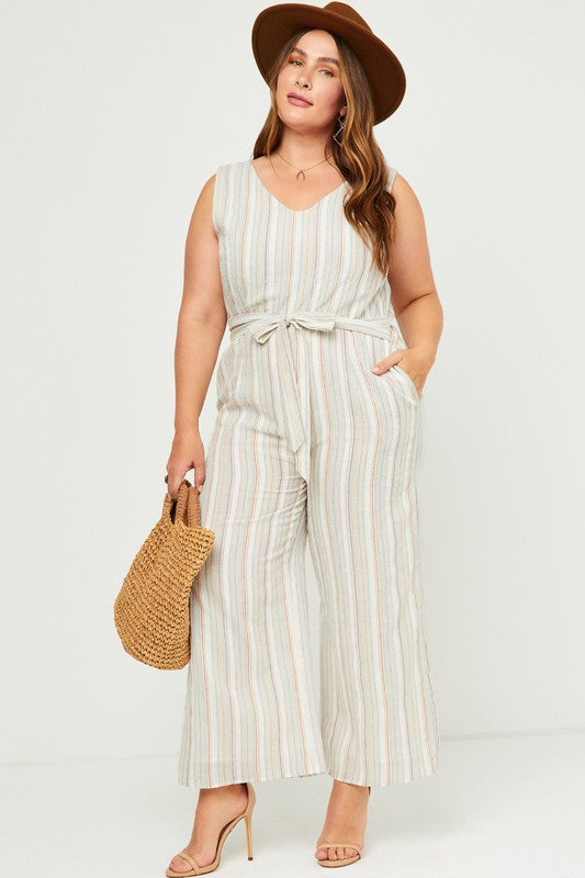 V-neck Cotton Pinstripe Jumpsuit - Ms.Meri Mak