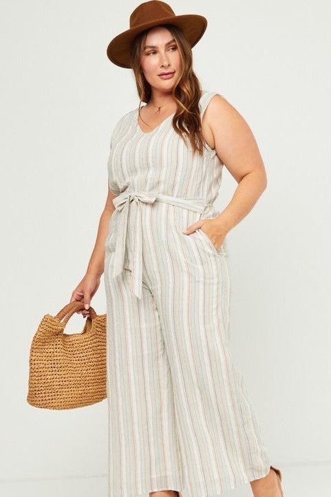 V-neck Cotton Pinstripe Jumpsuit - Ms.Meri Mak
