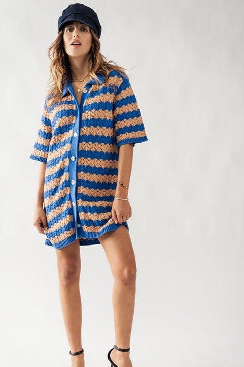 Ariana Wave Striped Crochet Knit Button Front Mini Dress - Ms.Meri Mak