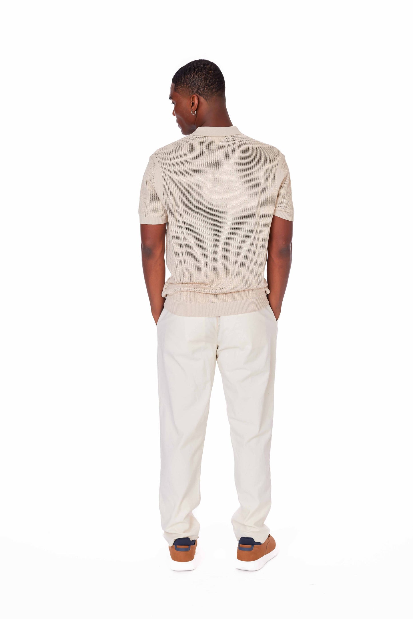 Short-sleeve cotton mesh-stitch johnny-collar sweater-polo