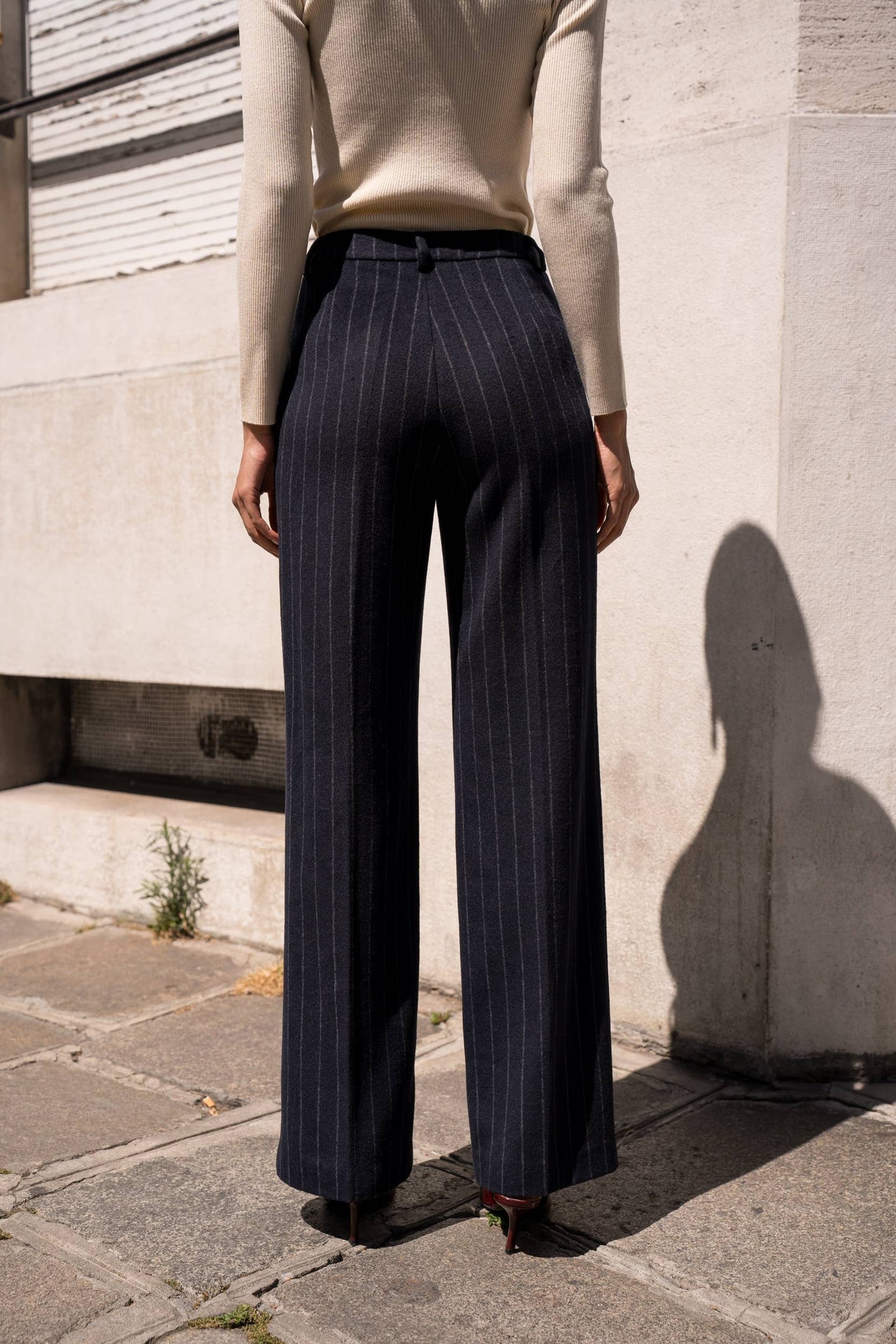 Pinstripe wool-blend trousers