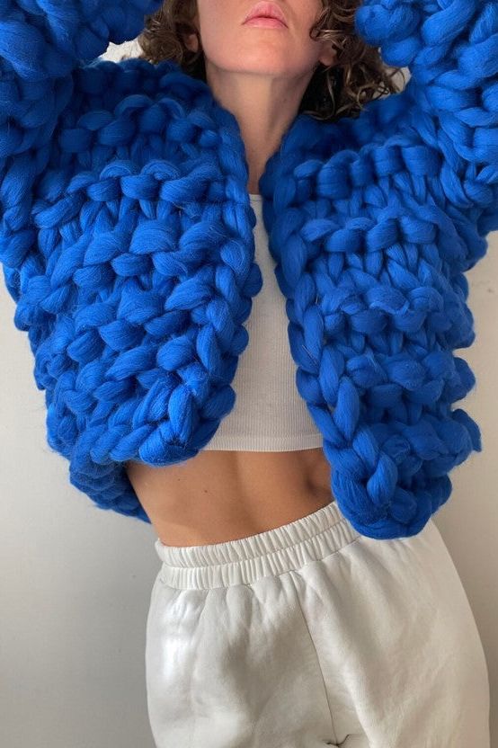 Bonita Chunky Cropped Knit Cardigan - Cobalt Blue - Ms.Meri Mak
