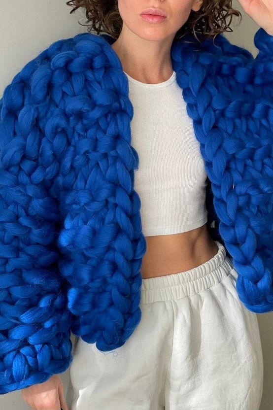 Bonita Chunky Cropped Knit Cardigan - Cobalt Blue - Ms.Meri Mak