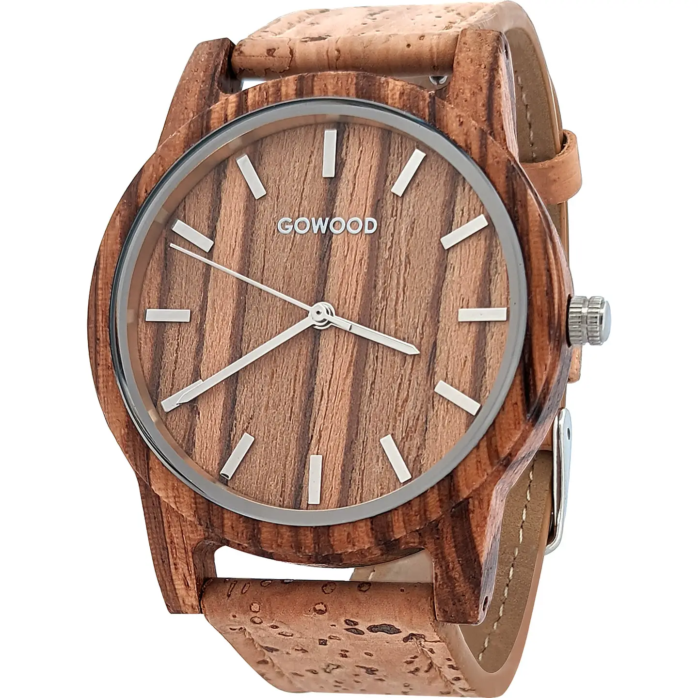 Montre en bois de zèbre avec bracelet en liège véritable