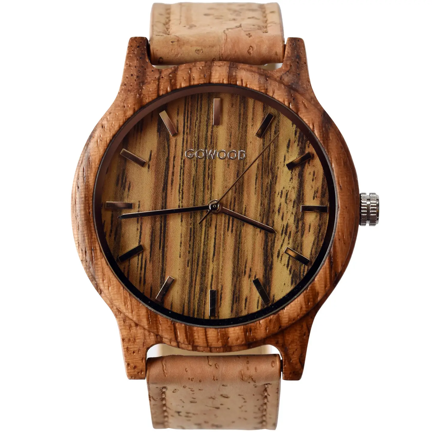 Montre en bois de zèbre avec bracelet en liège véritable