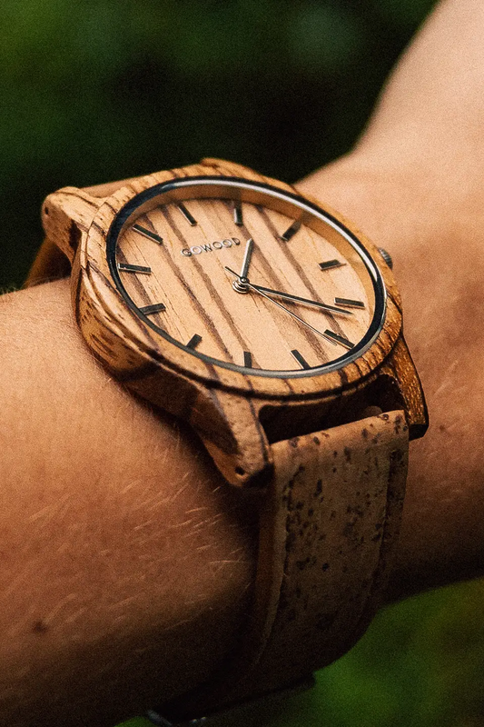 Montre en bois de zèbre avec bracelet en liège véritable