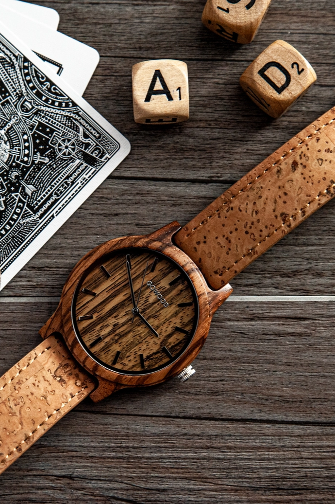 Montre en bois de zèbre avec bracelet en liège véritable