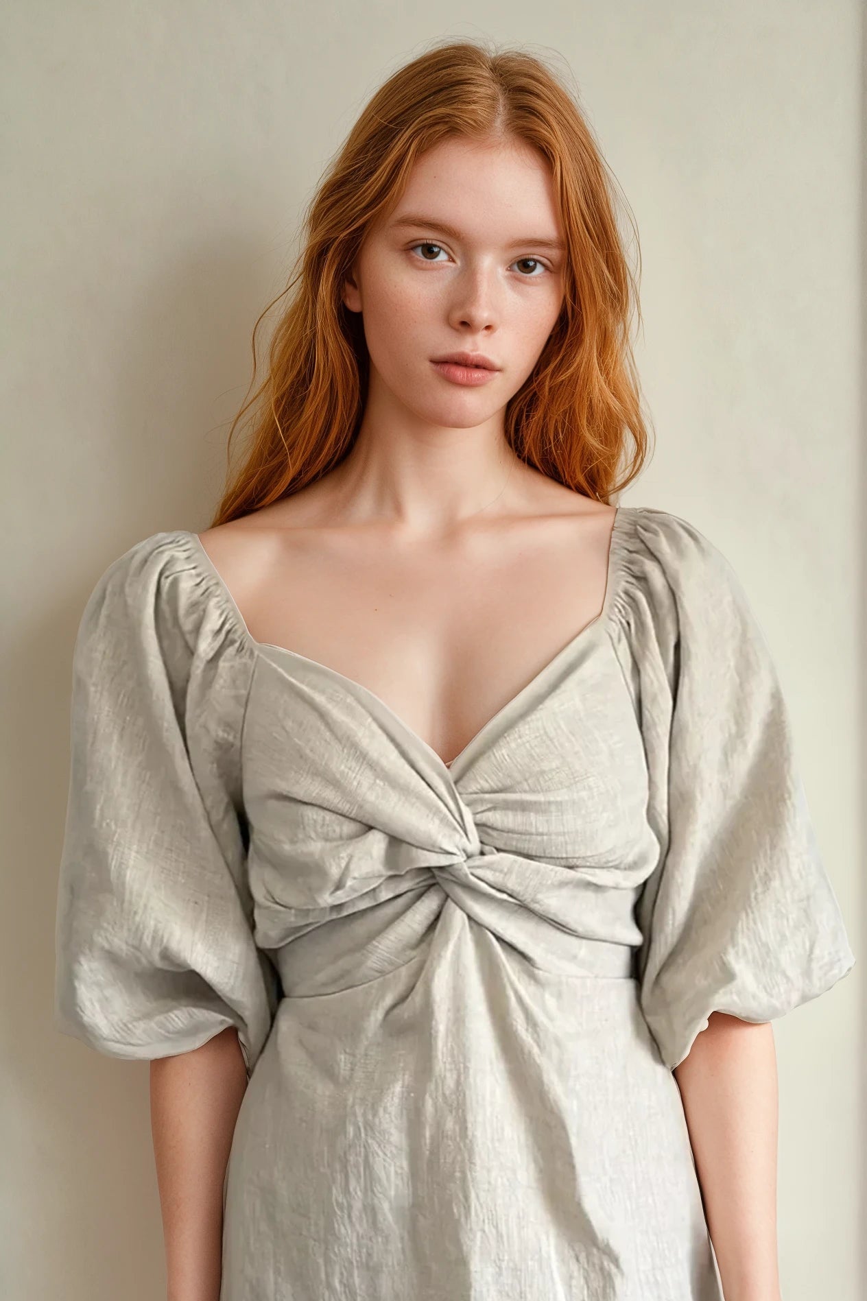 Noelle Linen Bubble Sleeve Dress in Oat