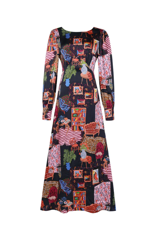 Colorful patterned dress with long sleeves on a white background