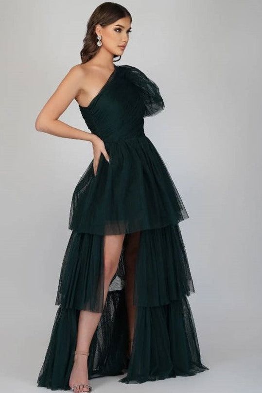 Ruched One-Shoulder Dress in Emerald Green Tulle - Ms.Meri Mak