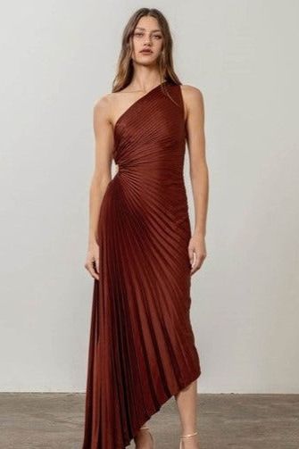 Angela Pleated Asymmetrical Waist Cut Out Dress - Ms.Meri Mak