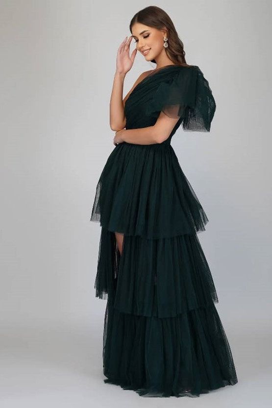 Ruched One-Shoulder Dress in Emerald Green Tulle - Ms.Meri Mak
