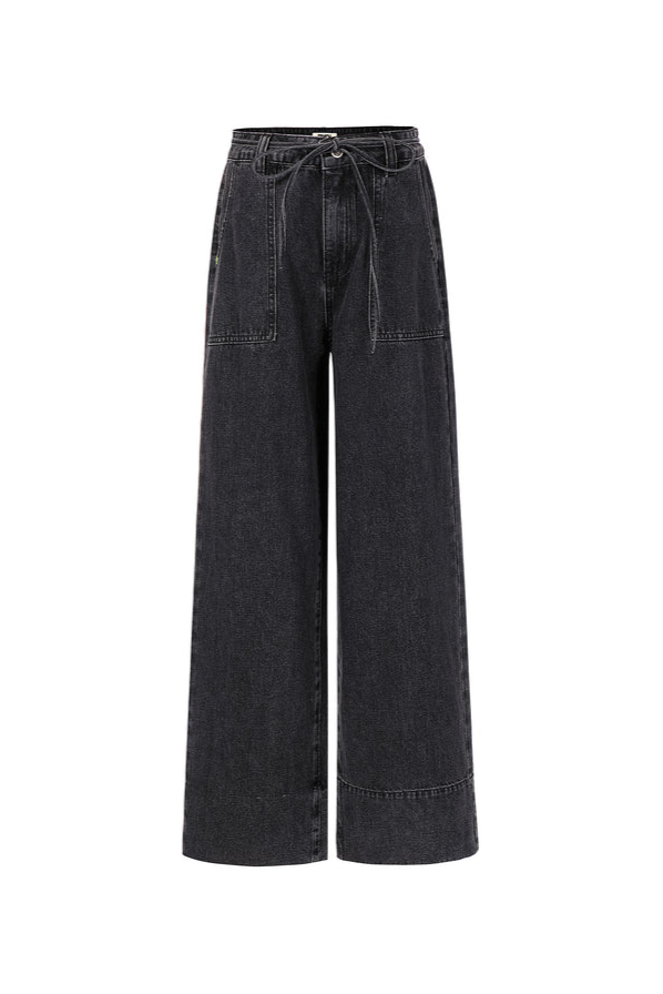 Black wide-leg jeans on a white background