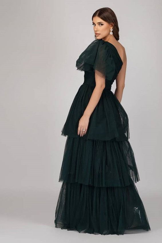 Ruched One-Shoulder Dress in Emerald Green Tulle - Ms.Meri Mak
