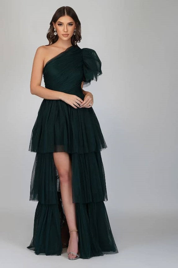 Ruched One-Shoulder Dress in Emerald Green Tulle - Ms.Meri Mak