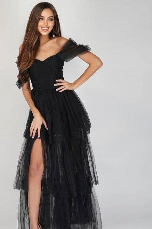 Drop Sleeve Tiered Tulle Maxi Dress Ms.Meri Mak Drop Sleeve Tiered Tulle Maxi Dress Ms.Meri Mak