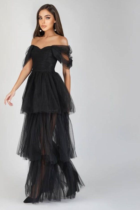 Drop Sleeve Tiered Tulle Maxi Dress - Ms.Meri Mak