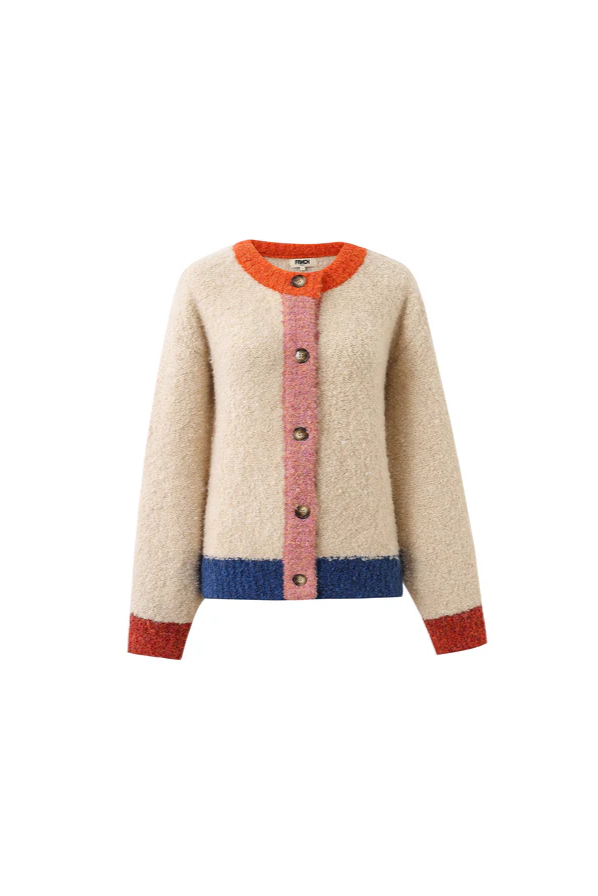 Cardigan with color-blocked design on a white background