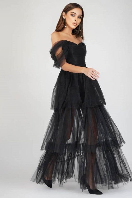 Drop Sleeve Tiered Tulle Maxi Dress - Ms.Meri Mak