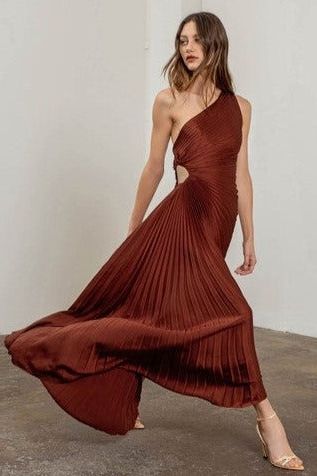 Angela Pleated Asymmetrical Waist Cut Out Dress - Ms.Meri Mak