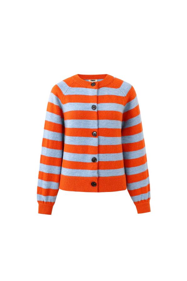 Orange and gray striped cardigan on a white background