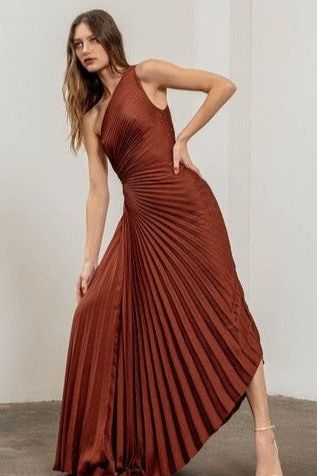 Angela Pleated Asymmetrical Waist Cut Out Dress - Ms.Meri Mak