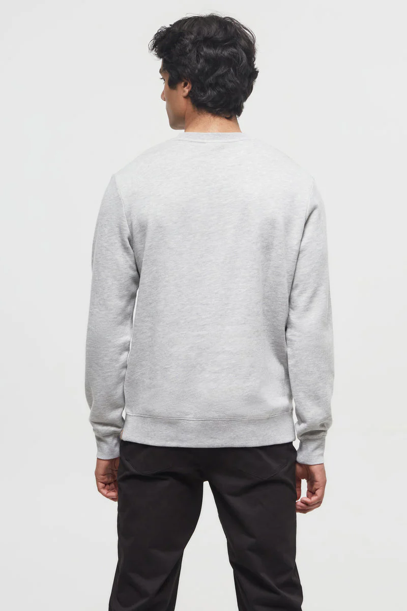 Person wearing a gray sweater on a white background