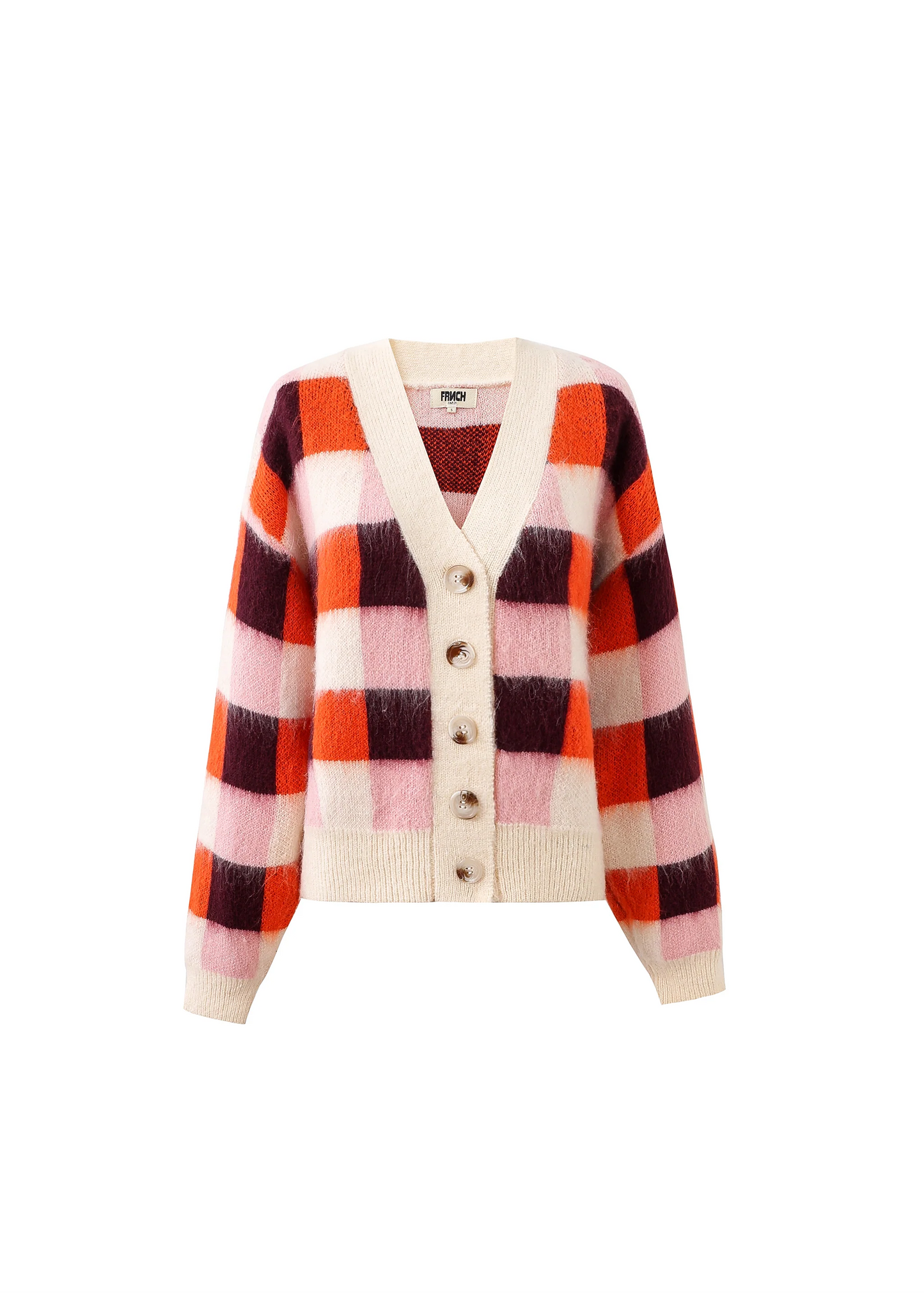 Checkered cardigan with red, pink, and beige pattern on a white background