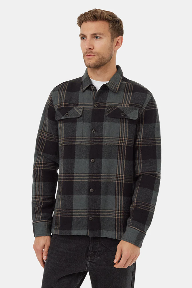 Man wearing a black and gray plaid shirt on a white background
