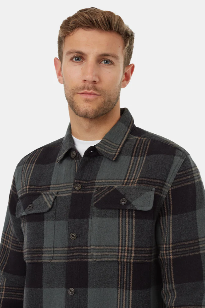 Man wearing a plaid shirt against a white background