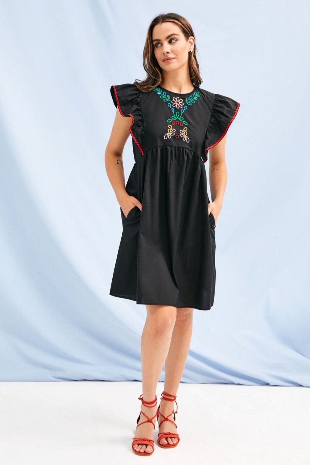 Embroidered Cotton Poplin Dress with Ric Rac Trim - Ms.Meri Mak