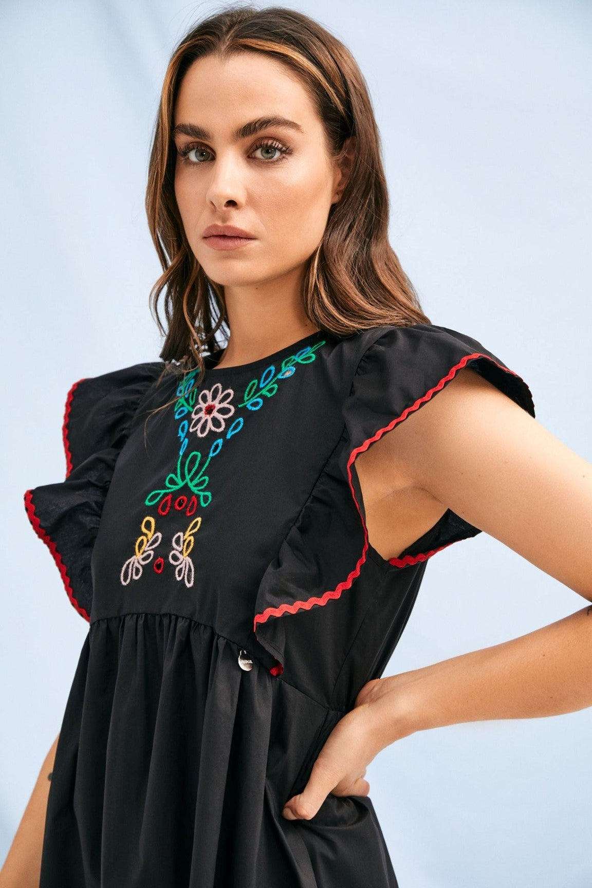 Embroidered Cotton Poplin Dress with Ric Rac Trim - Ms.Meri Mak