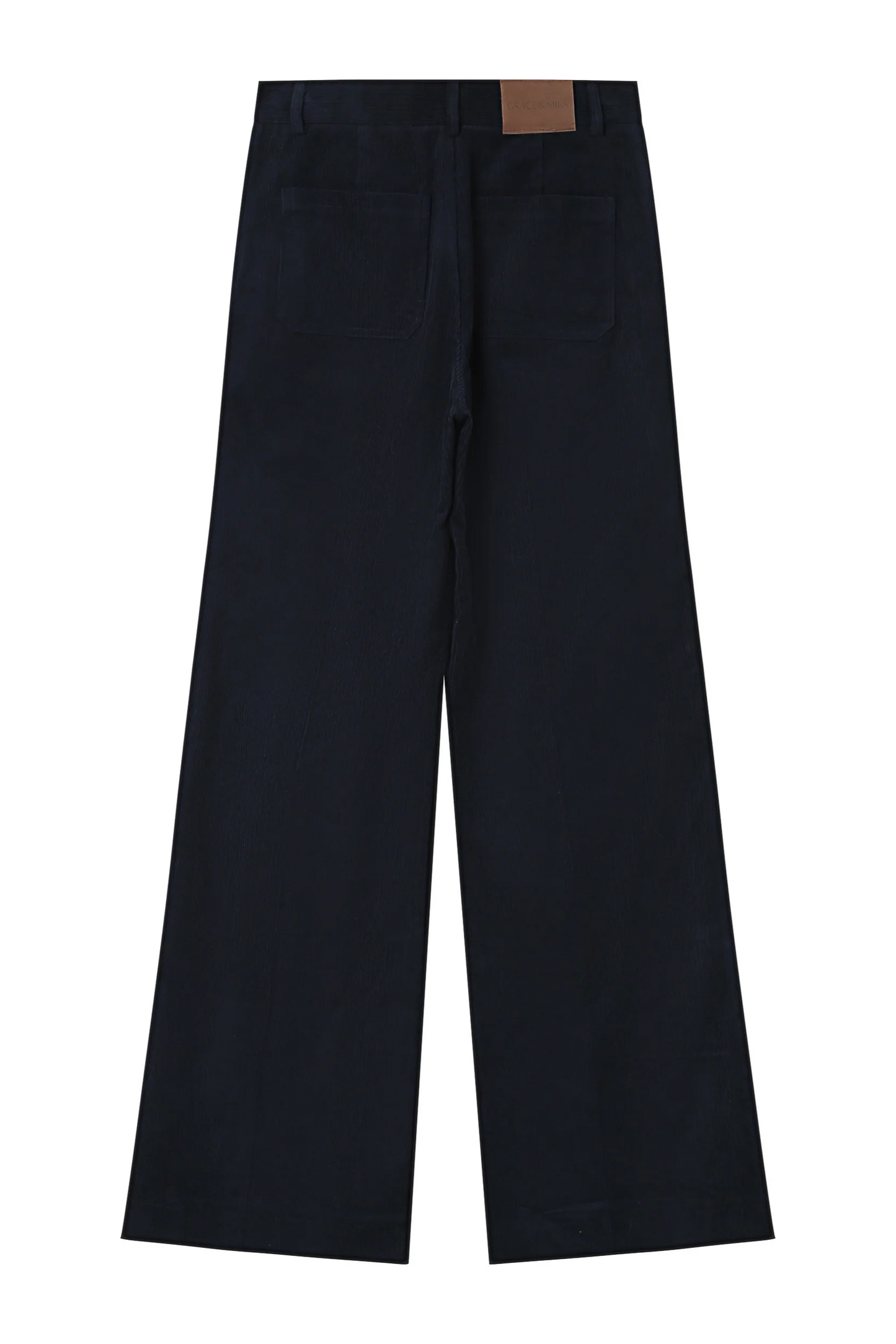Black pants with a brown patch on a white background