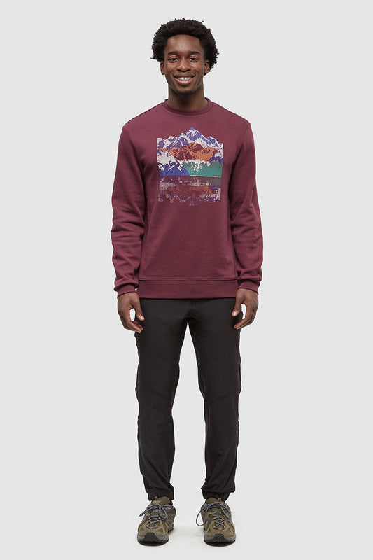Person wearing a maroon sweatshirt with a colorful graphic design on a white background