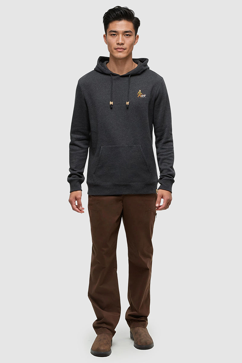 Man wearing a dark gray hoodie with a logo on a white background