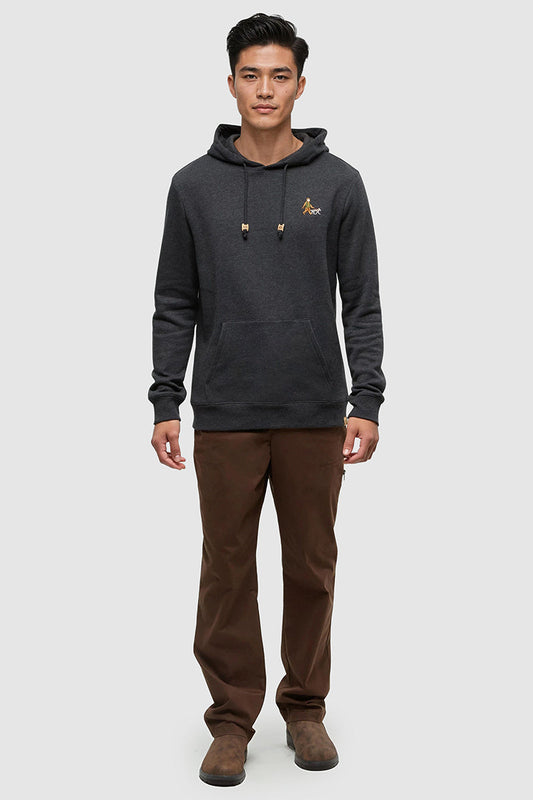 Man wearing a dark gray hoodie with a logo on a white background