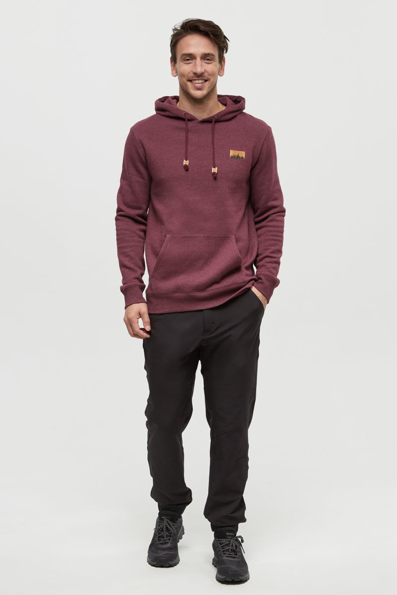 Man wearing a maroon hoodie with a logo on a white background
