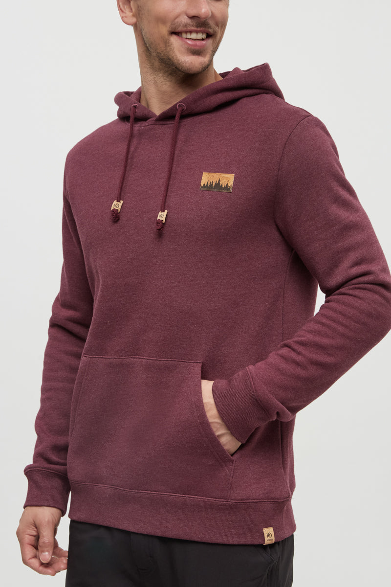 Man wearing a maroon hoodie with a logo on the chest against a white background