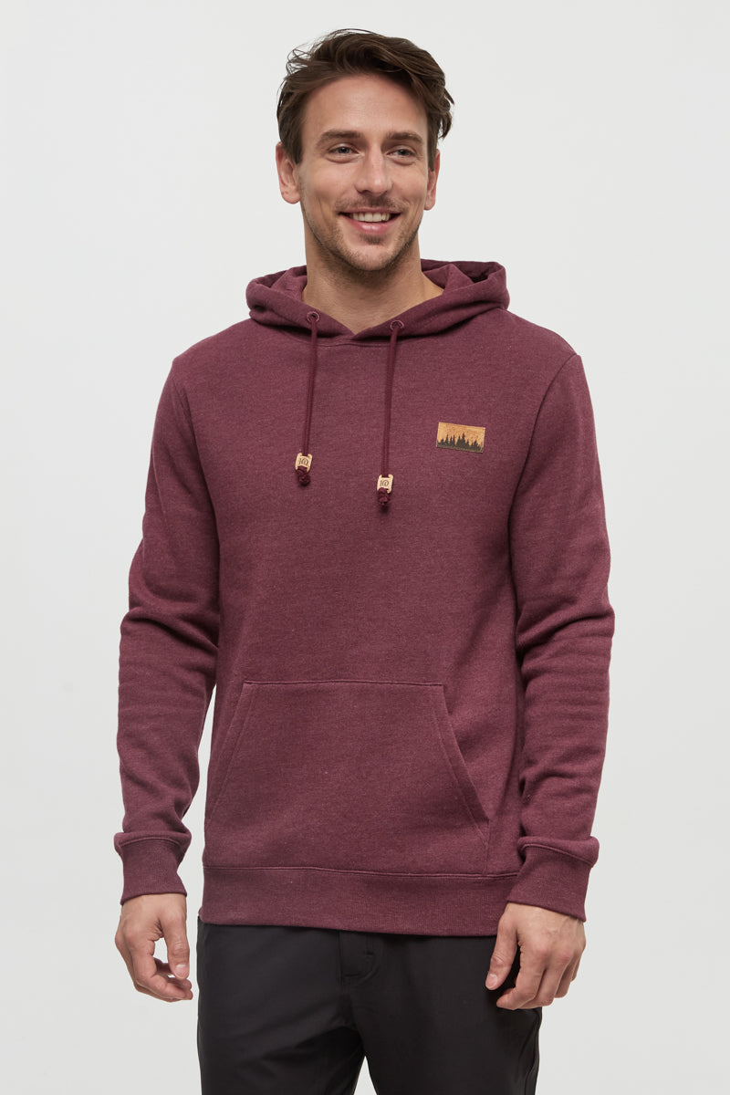 Man wearing a maroon hoodie with a logo on a white background