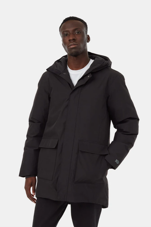 Man wearing a black hooded jacket on a white background