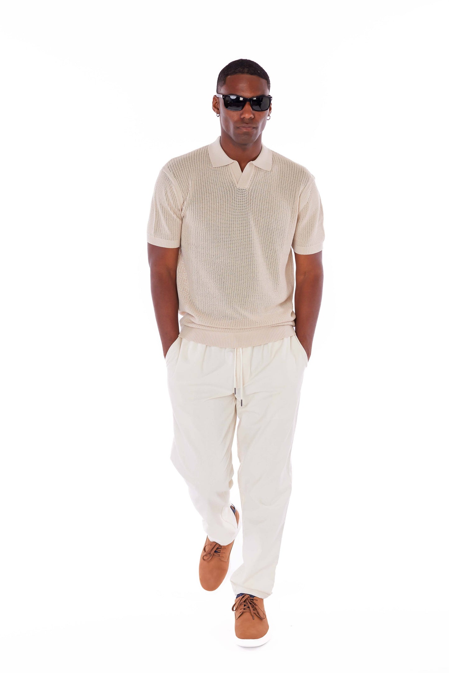 Short-sleeve cotton mesh-stitch johnny-collar sweater-polo