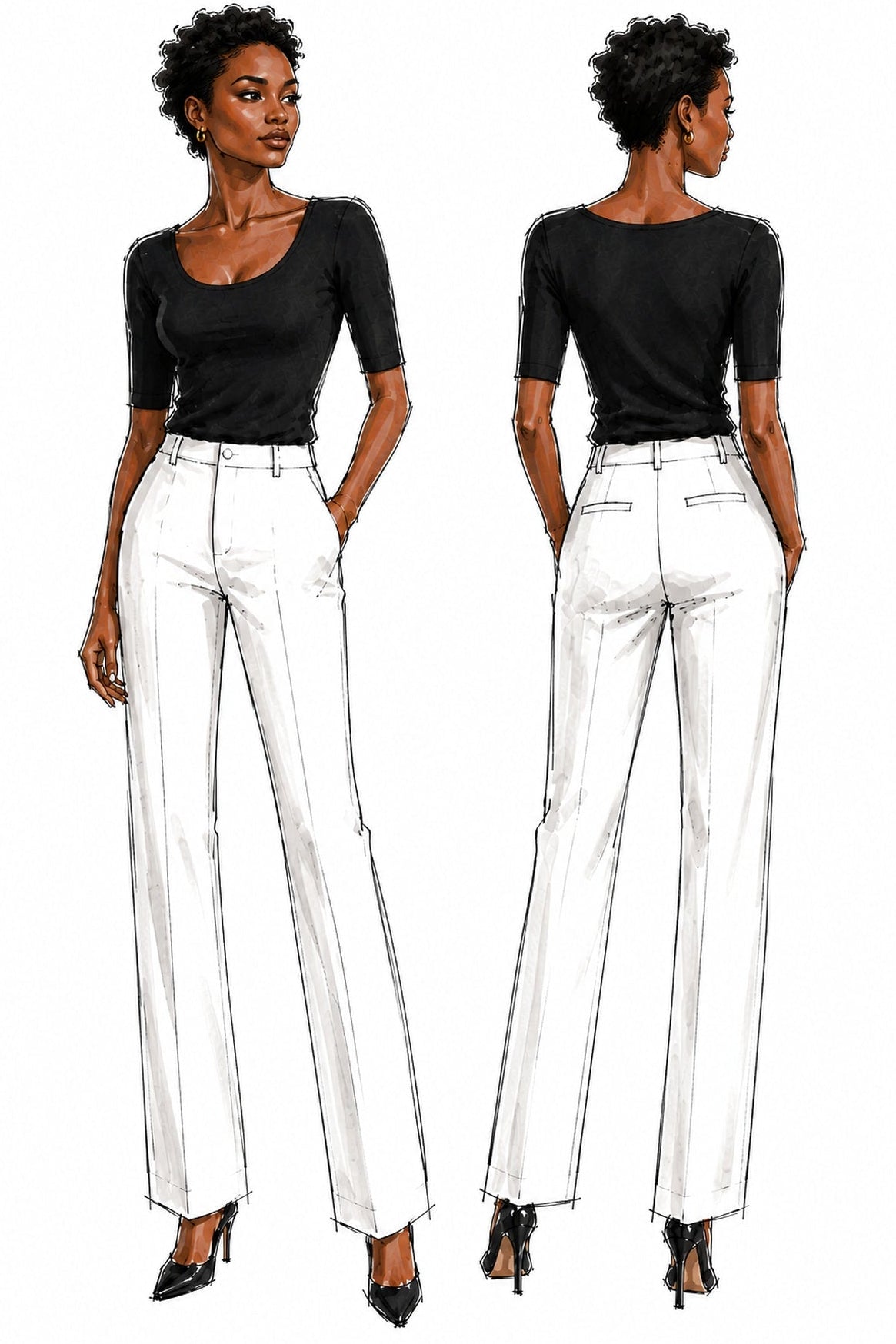 Fashion illustration of a woman wearing a black top and white pants from multiple angles.