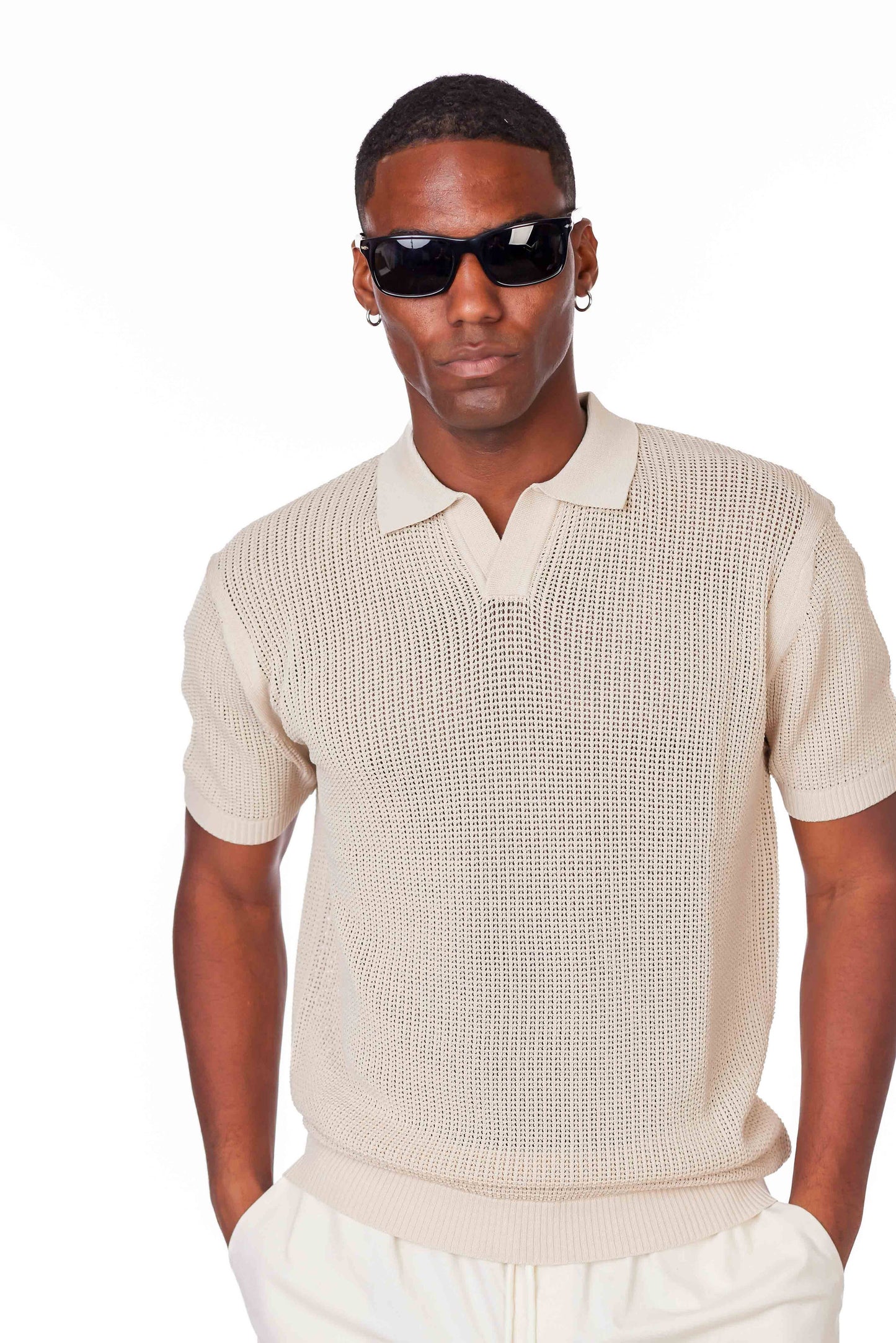 Short-sleeve cotton mesh-stitch johnny-collar sweater-polo