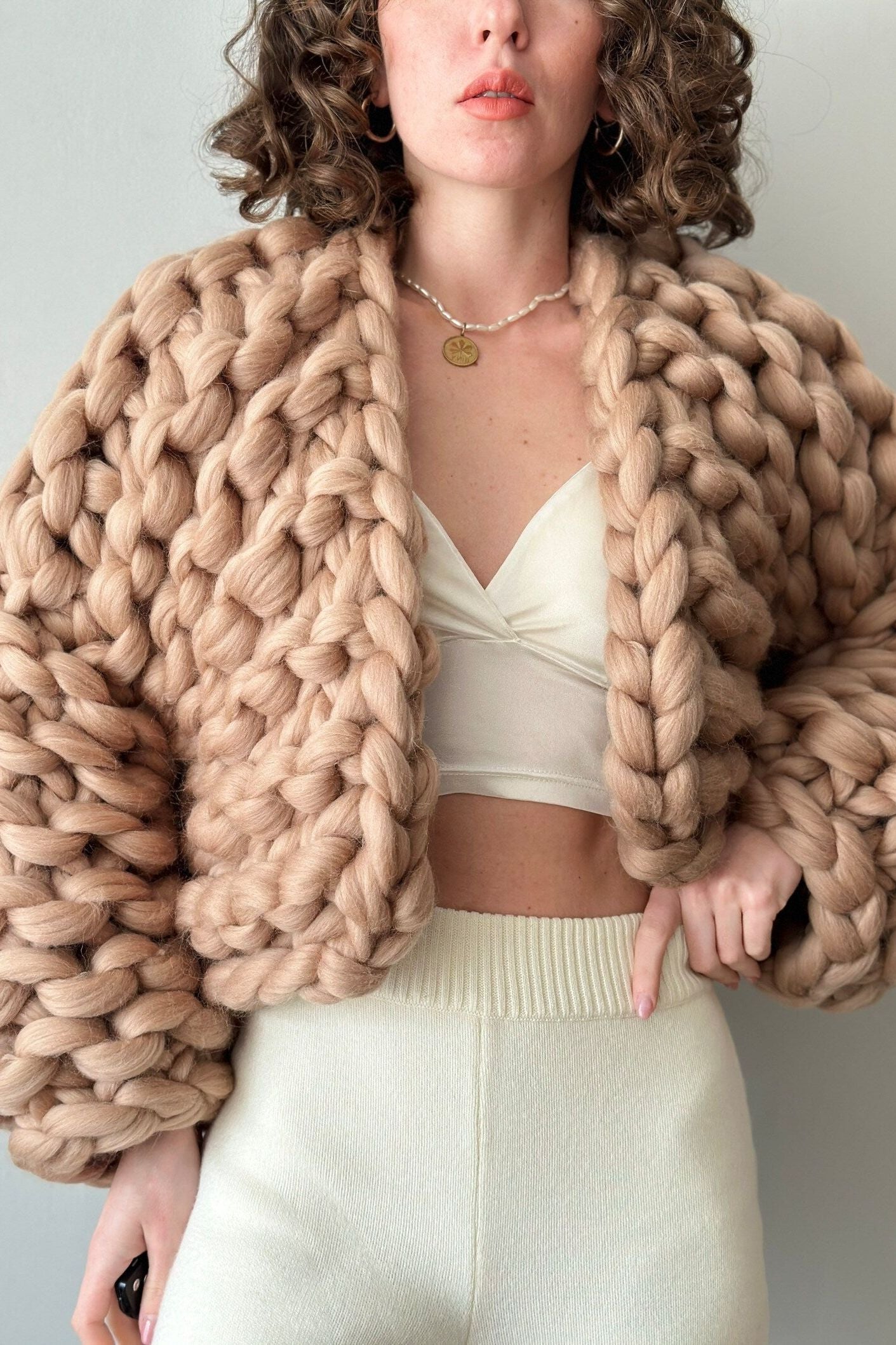 Bonita Chunky Cropped Knit Cardigan - Taupe - Ms.Meri Mak