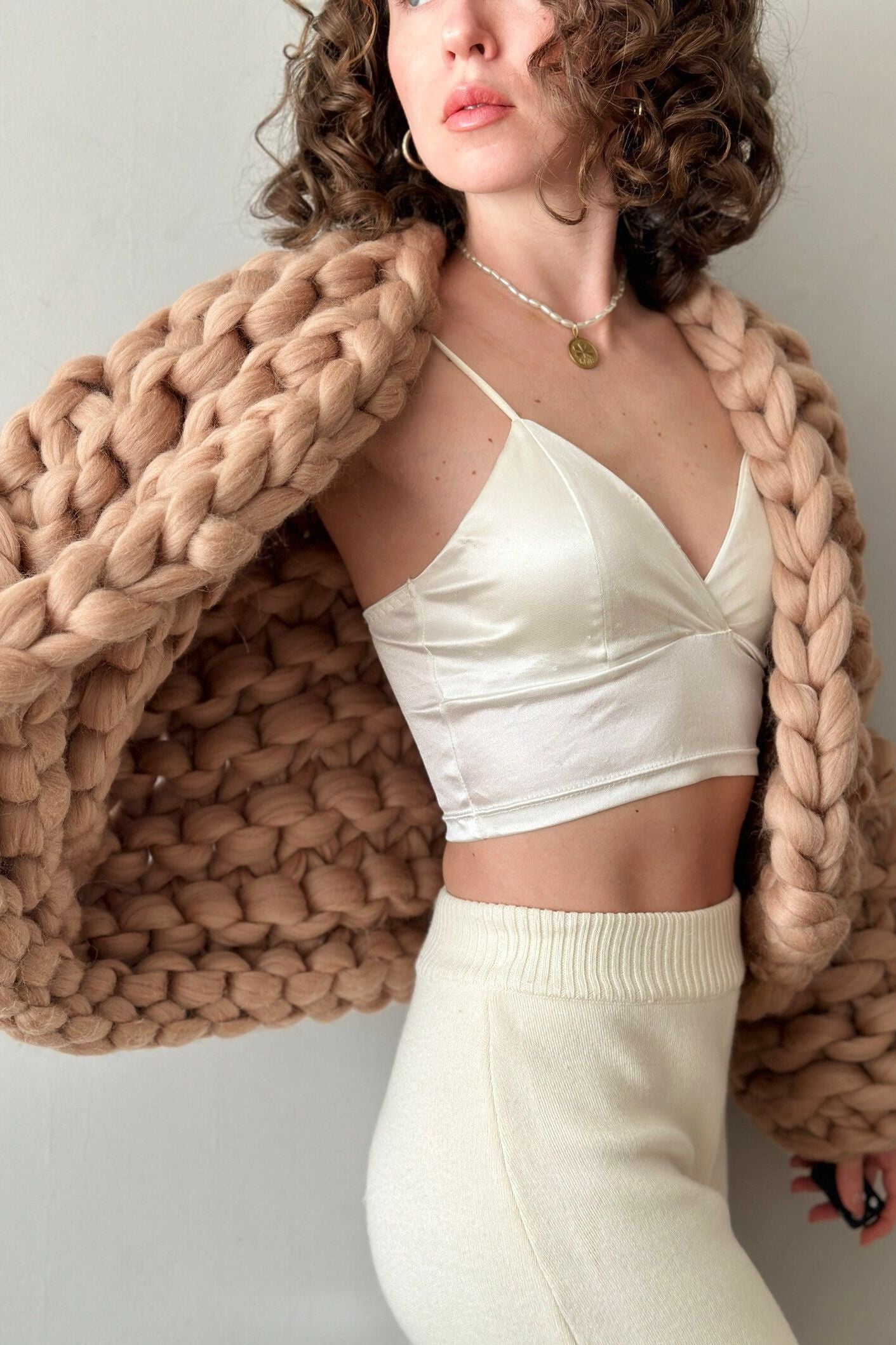 Bonita Chunky Cropped Knit Cardigan - Taupe - Ms.Meri Mak