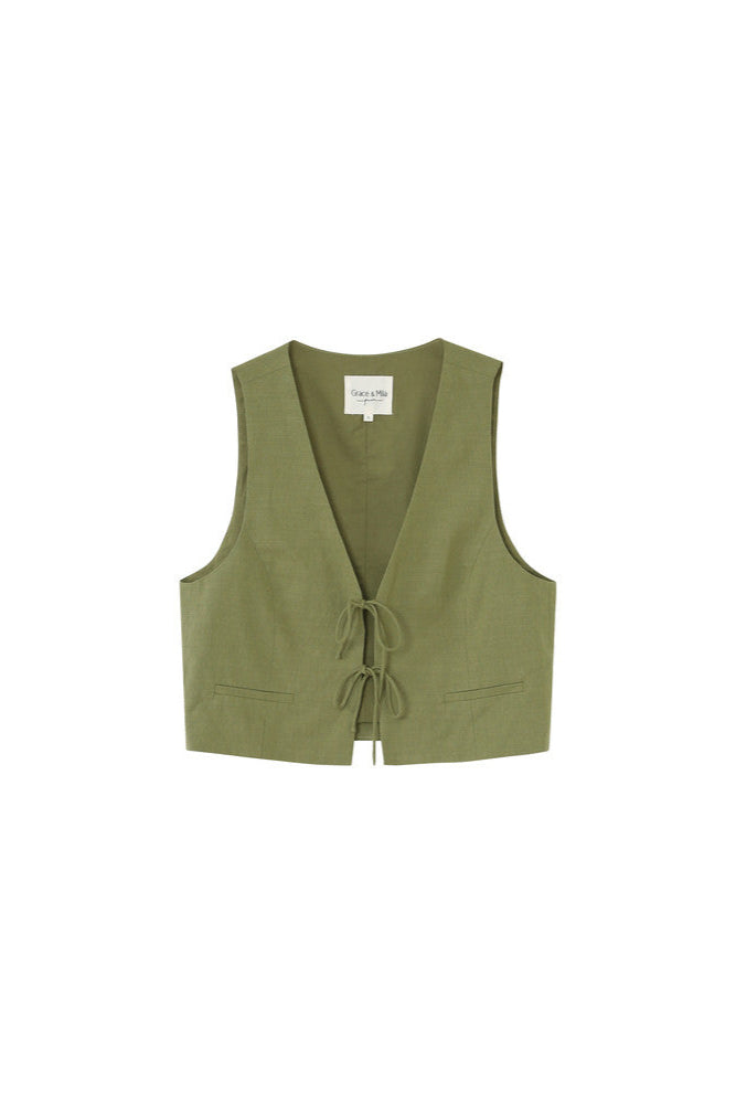 Green vest with a tie front on a white background