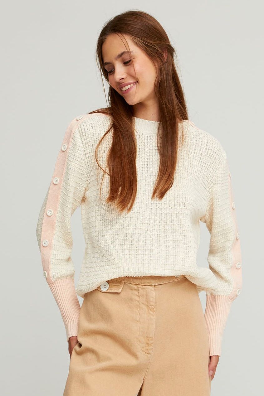 Prune Button-Sleeve Crewneck Sweater - Ms.Meri Mak